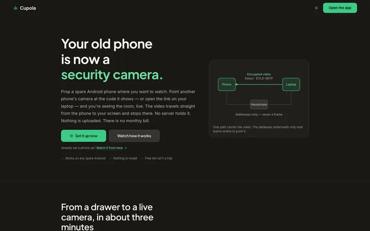 Cupola: Turns a spare phone into a security camera nobody else can watch