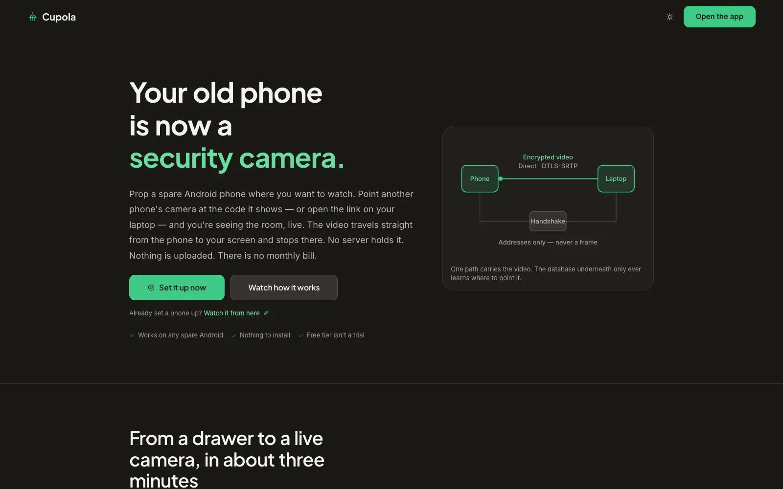 Cupola: Turns a spare phone into a security camera nobody else can watch